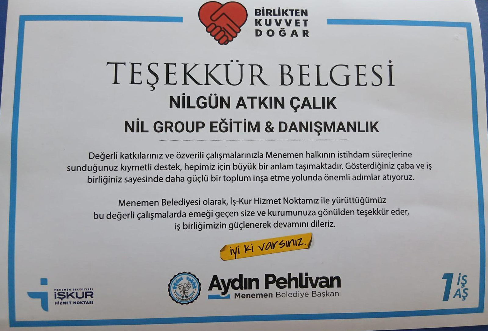 Teşekkür Belgesi